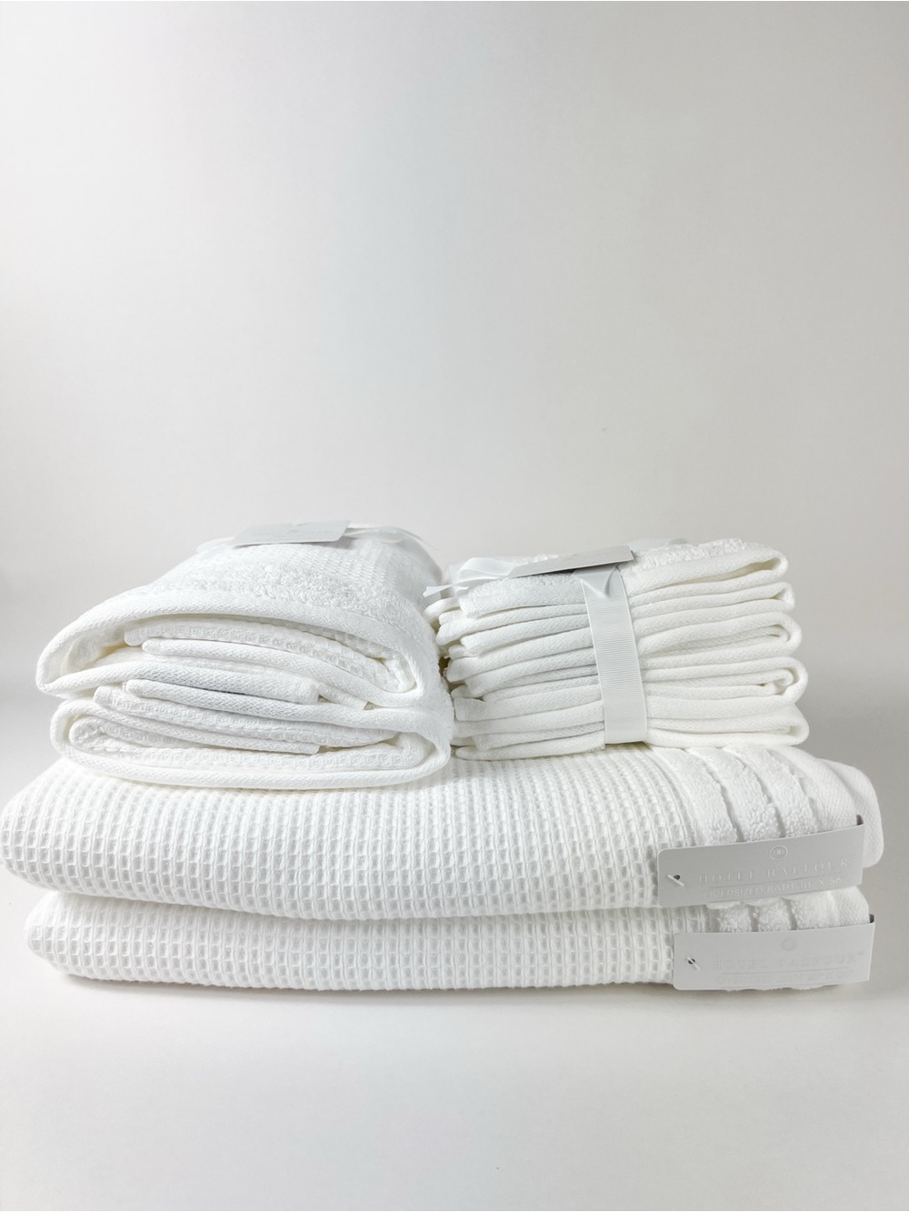 Hotel Balfour Bath Towel Set - White Waffle Textured Cotton - 9 Piece Set NEW